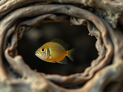 A close-up shot of a small, vibrant fish comfortably exploring a carefully arranged hiding cave made of driftwood, with soft lighting highlighting its scales and the detailed texture of the wood. Keywords: fish comfort, hiding spot, natural habitat, fish wellbeing.