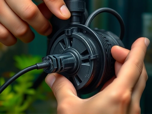 A close-up shot of an aquarist carefully checking the power cord and impeller of an old aquarium filter, highlighting the signs of wear and tear and safety concerns.