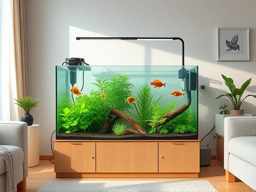 A clean, modern aquarium setup in a cozy living room, showing essential equipment like a filter, heater, and lighting, with lush green plants and healthy fish, soft natural light, wide shot, educational, detailed aquarium setup.