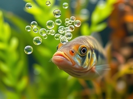 A close-up of an aquarium with excessive small bubbles clinging to the glass and plants, with a slightly stressed fish in the foreground, showing the problem of excess aquarium bubbles and water quality issues.
