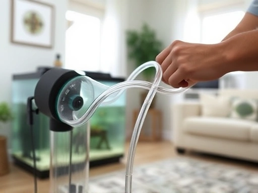 A person carefully connecting clear flexible hoses to an external aquarium filter in a well-lit living room, with a partially filled aquarium in the background, focusing on the detailed connection process. Keywords: aquarium filter, plumbing, connection.