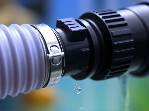 Close-up of a tightly sealed hose clamp connecting a ribbed hose to an external aquarium filter's intake/outflow nozzle, showing water droplets and secure fitting. Keywords: hose clamp, aquarium connection, leak prevention.