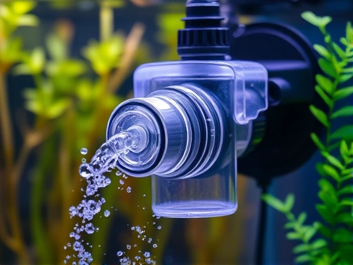 A close-up shot of an aquarium filter running efficiently, showing clear water output and healthy aquatic plants, with bubbles, focus on functionality and detail, scientific and clear essential equipment.