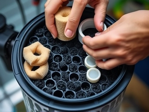 Close-up shot of an opened external aquarium filter, showing various filter media (sponges, ceramic rings, activated carbon) being carefully cleaned or inspected by hands, emphasizing maintenance and detail.