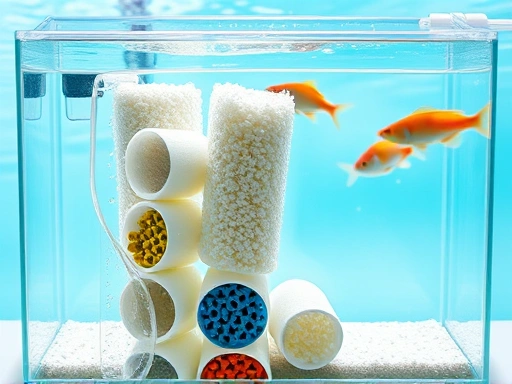 A clean, well-maintained aquarium filter with various types of filter media clearly visible inside a transparent filter housing. The water is sparkling clean, and happy fish swim in the background. The scene emphasizes care and clarity.