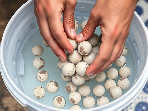A close-up shot of hands gently rinsing a biological filter media (like ceramic rings or bio balls) in a bucket of clear aquarium water. The focus is on the delicate process to preserve beneficial bacteria. Shows care and precision.