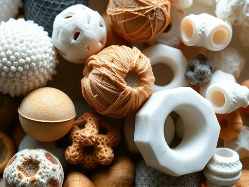 A close-up shot of various biological filter media: bio balls, ceramic rings, and porous media, highlighting their textured surfaces and intricate structures, with beneficial bacteria subtly implied on the surface, emphasizing water purification and optimal biological filtration for aquarium health.