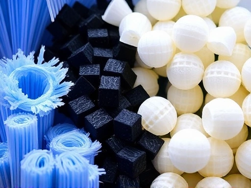 Close-up of various aquarium filter media, such as filter floss, activated carbon, and bio-balls, neatly arranged, highlighting their textures and effectiveness in removing cloudy water and fine particles.