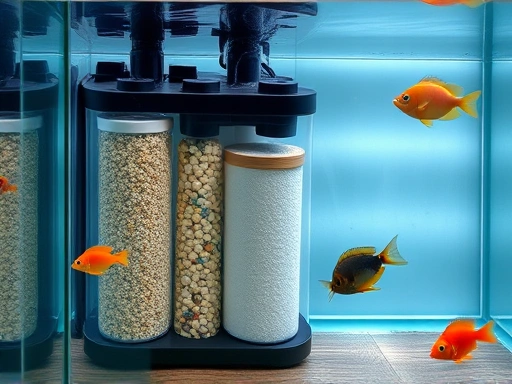 A clean, well-maintained aquarium with various filter media types visible inside a filter compartment, clear water, and healthy fish. Focus on the filter setup and the overall serene ambiance. High detail, vibrant colors.