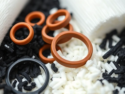 Close-up view of different aquarium filter media types, such as white filter floss, brown ceramic rings, and black activated carbon, laid out on a clean surface. Emphasize their textures and forms. Macro shot, clear focus.
