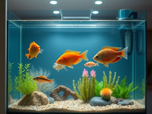 A peaceful fish tank with healthy fish, and a subtle, quiet filter running in the background, showcasing a serene aquatic environment in a modern home. soft, diffused lighting.