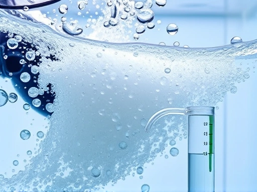 A close-up shot of an aquarium filter's output creating vigorous surface agitation and numerous air bubbles, indicating efficient gas exchange. The water should look crystal clear, showing the active movement and effective aeration. Include a clear water test tube showing a healthy reading, emphasizing water quality management and proper ventilation.