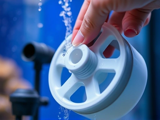 Close-up shot of a hand cleaning an aquarium filter impeller, showing attention to detail, with water droplets and filter components clearly visible. focus on the action of cleaning.