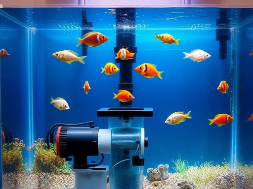 A pristine home aquarium with crystal clear water and healthy fish swimming, a well-maintained filter system is discreetly visible, showing filtration efficiency and a vibrant aquatic ecosystem.