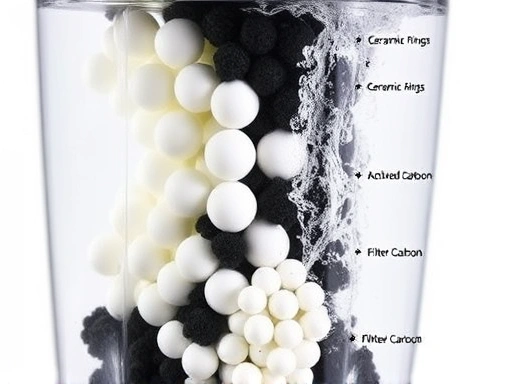 A close-up, detailed view of various filter media inside a transparent canister filter, including ceramic rings, bio-balls, and activated carbon, with water flowing through, illustrating the multi-stage aquarium filtration process and media types.
