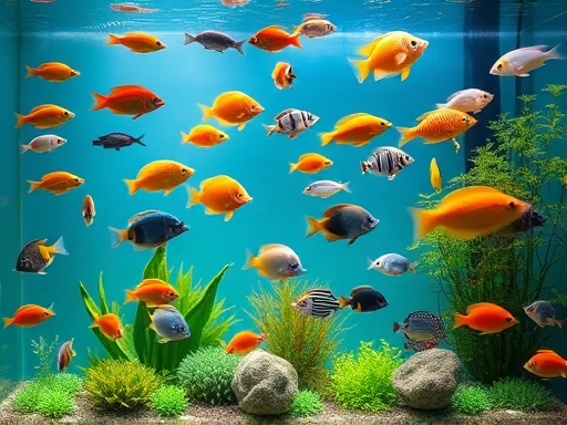 A serene and well-maintained aquarium with diverse fish species swimming harmoniously, showcasing a balanced ecosystem and healthy fish populations, vibrant aquatic plants and clear water. Focus on the overall tranquil scene of fish overpopulation control.
