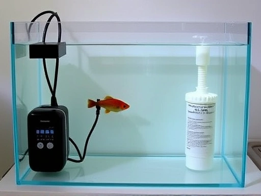 A clean, simple small aquarium setup for quarantining new fish, showing essential equipment like a heater, air pump, and sponge filter, with clear water and no decor, emphasizing safety and simplicity. Bright and calm atmosphere.