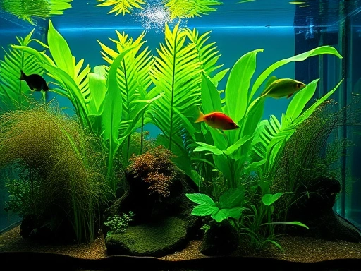 A vibrant aquarium with lush green plants, clear water, and a few healthy fish, symbolizing a balanced ecosystem, shot from a slight high angle, natural lighting.