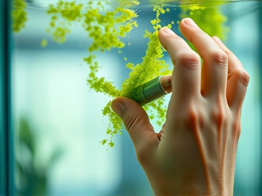 Close-up of a hand gently cleaning green algae off the inside glass of an aquarium, showing the contrast between the clean and affected areas, with focus on the glass and the cleaning tool.