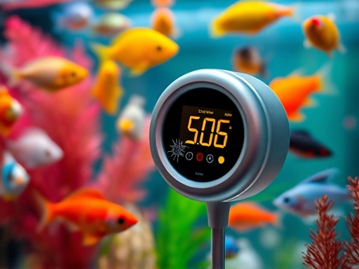 A close-up shot of a modern aquarium with various colorful fish, displaying a digital thermometer showing stable water temperature, with a small crack on the heater's display indicating a malfunction, highlighting the urgent need for alternative temperature control methods. Peaceful and vibrant. 