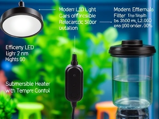 A close-up shot focusing on essential aquarium equipment like an efficient LED light, a modern submersible heater with temperature control, and a compact external filter, with clear visual details of each device, highlighting their functionality and energy ratings. 