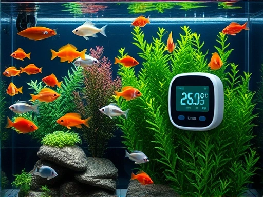 A modern aquarium with various fish swimming peacefully, a digital thermostat displaying stable temperature, and lush green aquatic plants. The scene is well-lit and vibrant, highlighting the importance of temperature control.