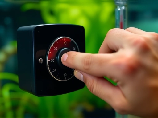 A close-up shot of a hand adjusting a digital aquarium thermostat, with a separate submersible thermometer in the background showing the water temperature. Emphasize precision and control over the aquatic environment.