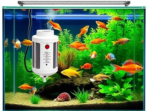 A modern, well-maintained fish aquarium with various fish species swimming gracefully, showcasing a clean heater installed, surrounded by lush green aquatic plants. The scene should convey a sense of calm and healthy aquatic life, emphasizing the importance of temperature control.