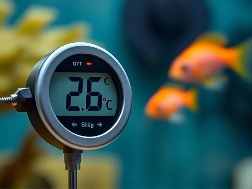 A close-up shot of a digital aquarium thermometer clearly displaying 26°C, positioned opposite a submersible heater partially visible, with a few small, vibrant fish swimming by in soft focus. The image highlights precision temperature monitoring in an aquarium.