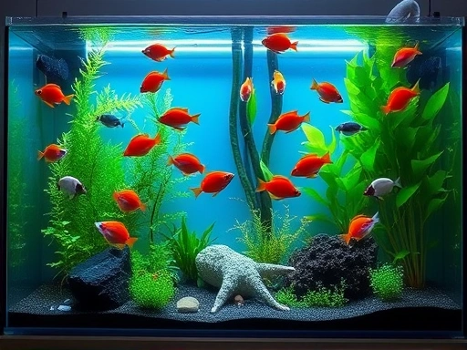 A serene and well-maintained home aquarium with various colorful fish swimming peacefully, lush green plants, and soft ambient lighting. The scene conveys a sense of tranquility and a thriving ecosystem, highlighting the joy of a sustained aquarium hobby.
