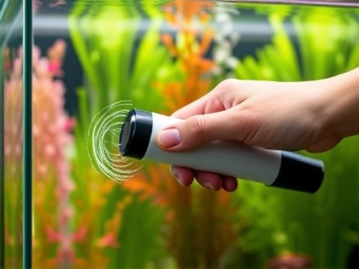 Close-up of a hand gently cleaning an aquarium glass with a magnetic cleaner, showing clear, sparkling water and healthy, vibrant aquatic plants in the background, symbolizing essential aquarium maintenance and preparation.