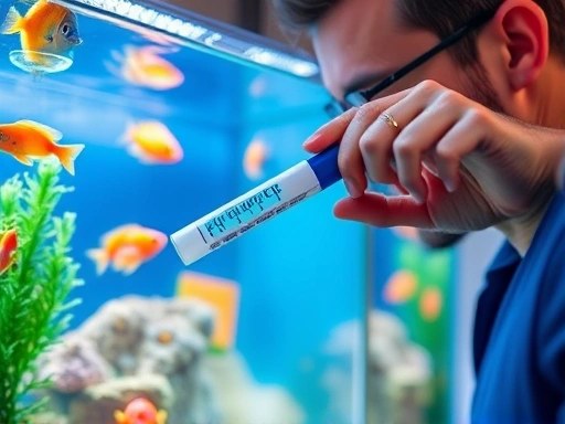 An aquarium enthusiast carefully measuring water parameters with a KH test kit in a vibrant home aquarium setting, showing clear water and healthy fish.