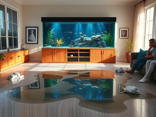 A wide shot of a living room with a large aquarium, showing water stains on the floor around the tank, indicating a leak. Include scattered towels and a worried person. Use natural light.
