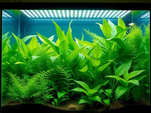 A vibrant freshwater planted aquarium with lush green plants under a bright, full-spectrum LED light, showing healthy growth and clear water.