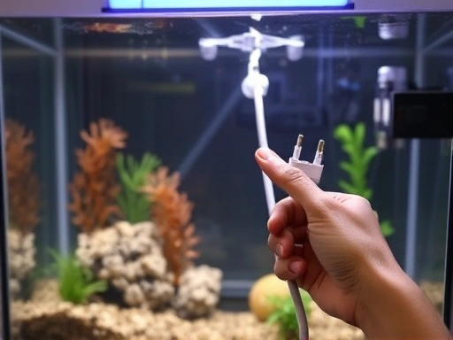 A detailed image showing an aquarium with a broken light, and a hand pointing to the unplugged power cord, emphasizing the diagnostic process of aquarium light failure.