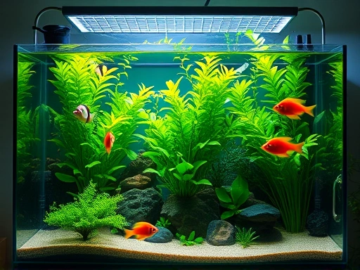 A serene and well-maintained aquarium with lush green plants and vibrant fish, illuminated by a soft, natural-looking light, emphasizing smart aquarium lighting automation and healthy aquatic life.