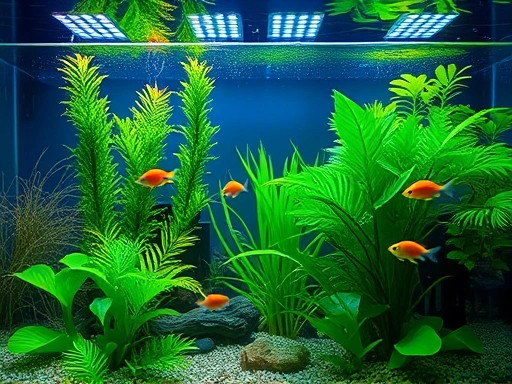 A vibrant, well-lit freshwater aquarium with lush green plants and colorful fish, illuminated by modern LED lights, showcasing clear water and healthy aquatic life, depth of field. Focus on the overall serene aquatic environment.