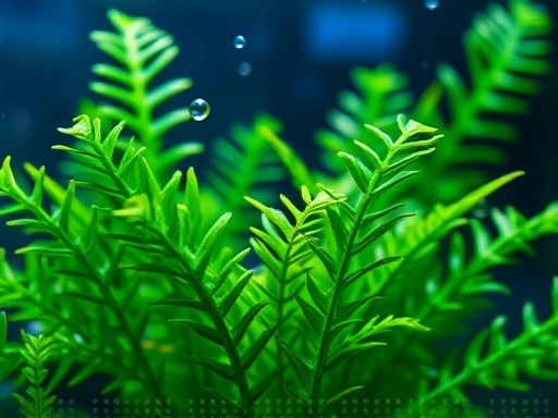 A close-up shot of a thriving aquatic plant (e.g., Anubias or Java Fern) under soft, natural-looking aquarium lighting, with small air bubbles indicating active photosynthesis. Emphasize the plant's health and vibrant green color.