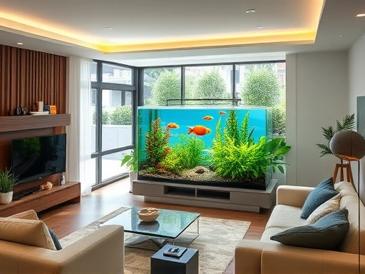 A beautifully designed modern living room with a large, vibrant aquarium positioned away from direct sunlight, showcasing healthy fish and lush plants. The room is brightly lit with ambient light, emphasizing thoughtful placement and safety.