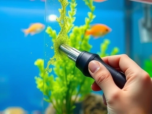 A close-up shot of a hand holding an aquarium magnetic cleaner, effectively cleaning the green algae off the glass of a vibrant freshwater aquarium, clear water, fish swimming in background.
