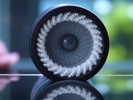 Detailed view of the inner scrubber pad of an aquarium magnetic cleaner, showing its soft, non-abrasive texture, with a reflection of clean aquarium glass in the foreground.