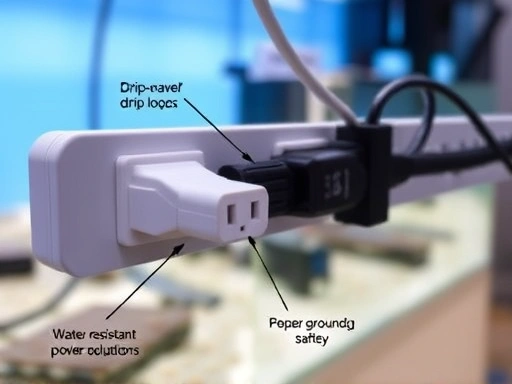 A close-up shot of an aquarium's electrical connections and water-resistant power strip, highlighting safety features such as drip loops and organized wiring, with a subtle background of aquarium equipment. Focus on the details of secure plugs, proper grounding, and the importance of electrical safety for 'aquarium electricals' and 'water safety.'