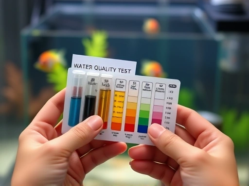 A close-up shot of hands holding a water quality test kit, showing different vials and color charts. The background is a slightly blurred aquarium, emphasizing the precise and scientific aspect of water parameter checking as part of a detailed maintenance checklist.