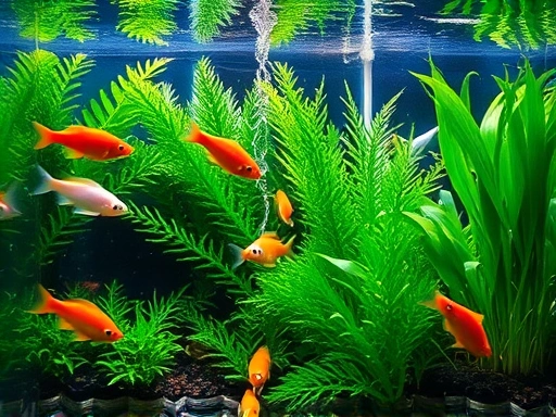 A close-up shot of a healthy, vibrant freshwater aquarium with clear water, lush green plants, and active, colorful fish, representing a balanced ecosystem.