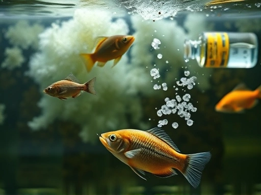 A detailed macro shot showing a cloudy, unhealthy aquarium water with visible algae and dull-looking fish, contrasting with clean bio-filter media or beneficial bacteria liquid being added, symbolizing restoration.