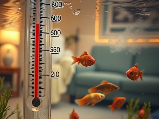A close-up shot of an overheated aquarium with a thermometer showing high temperature, stressed fish, and water vapor, set in a living room. Color palette: warm, slightly hazy.
