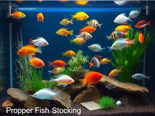 A serene, well-maintained home aquarium with a diverse but sparse population of healthy, colorful fish swimming gracefully among natural plants and rocks, illustrating proper fish stocking.