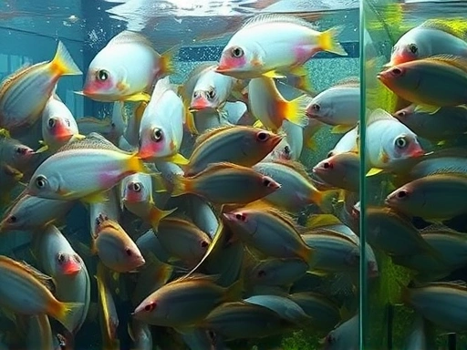 Close-up shot of an overcrowded aquarium with cloudy water, stressed fish huddled together, and visible algae, clearly depicting the negative effects of fish overpopulation.