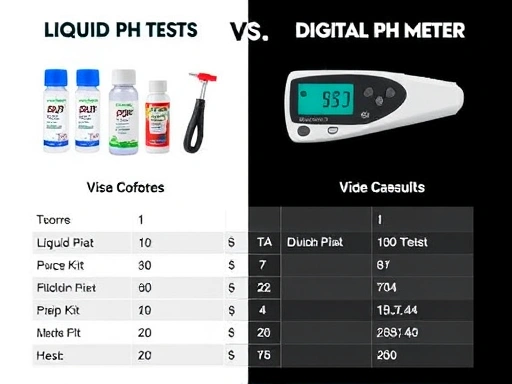 A detailed comparison between liquid pH test kits and digital pH meters for aquarium use, showing tools and results, clear and informative.