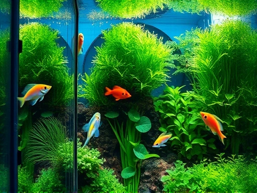 An aerial view of a clean, thriving freshwater aquarium with lush green plants and colorful fish, symbolizing effective phosphate and algae control, vibrant aquatic life.